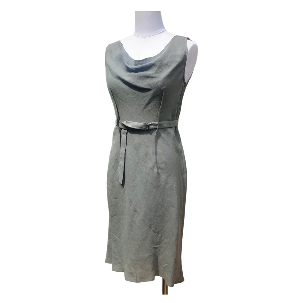 ELAINE KIM Linen Sheath Dress. Cowl-Neck. Belt. Figure flattering bias cut. S.